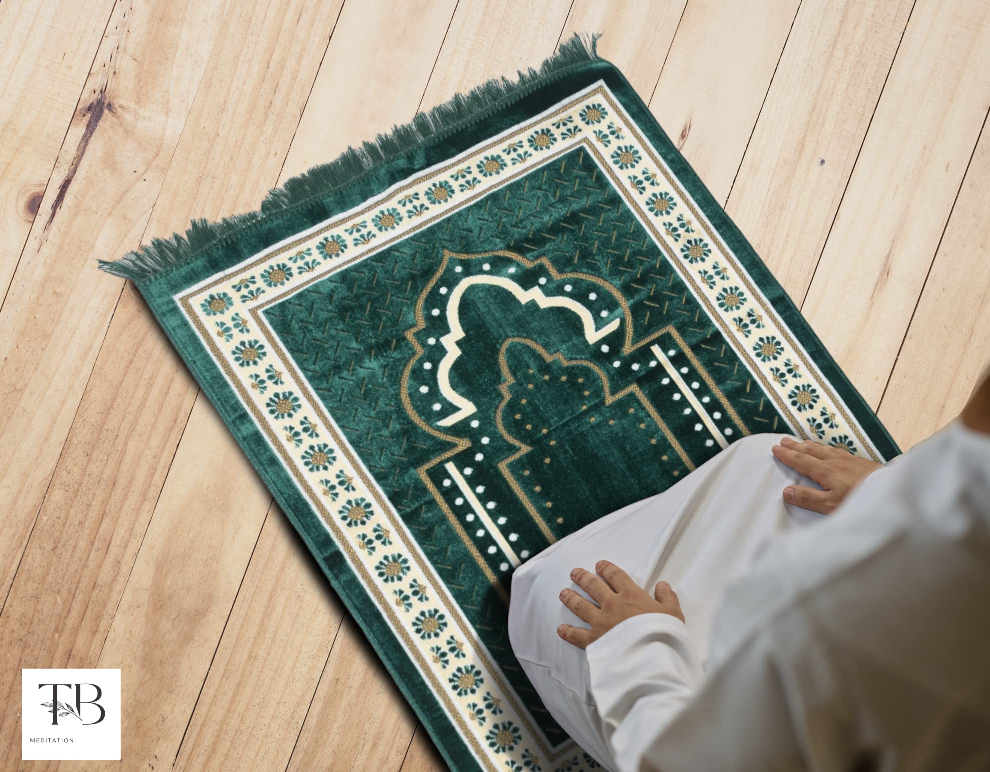 TB Islamic Prayer Rug Thick Soft Velvet Muslim Mat Unique Arabic Turkish African Embroidered Design Prayer Bead Daily Salah Prayer Meditation Ramadan Eid Gift for Women Men Kids (Green)