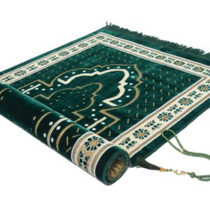 TB Islamic Prayer Rug Thick Soft Velvet Muslim Mat Unique Arabic Turkish African Embroidered Design Prayer Bead Daily Salah Prayer Meditation Ramadan Eid Gift for Women Men Kids (Green)