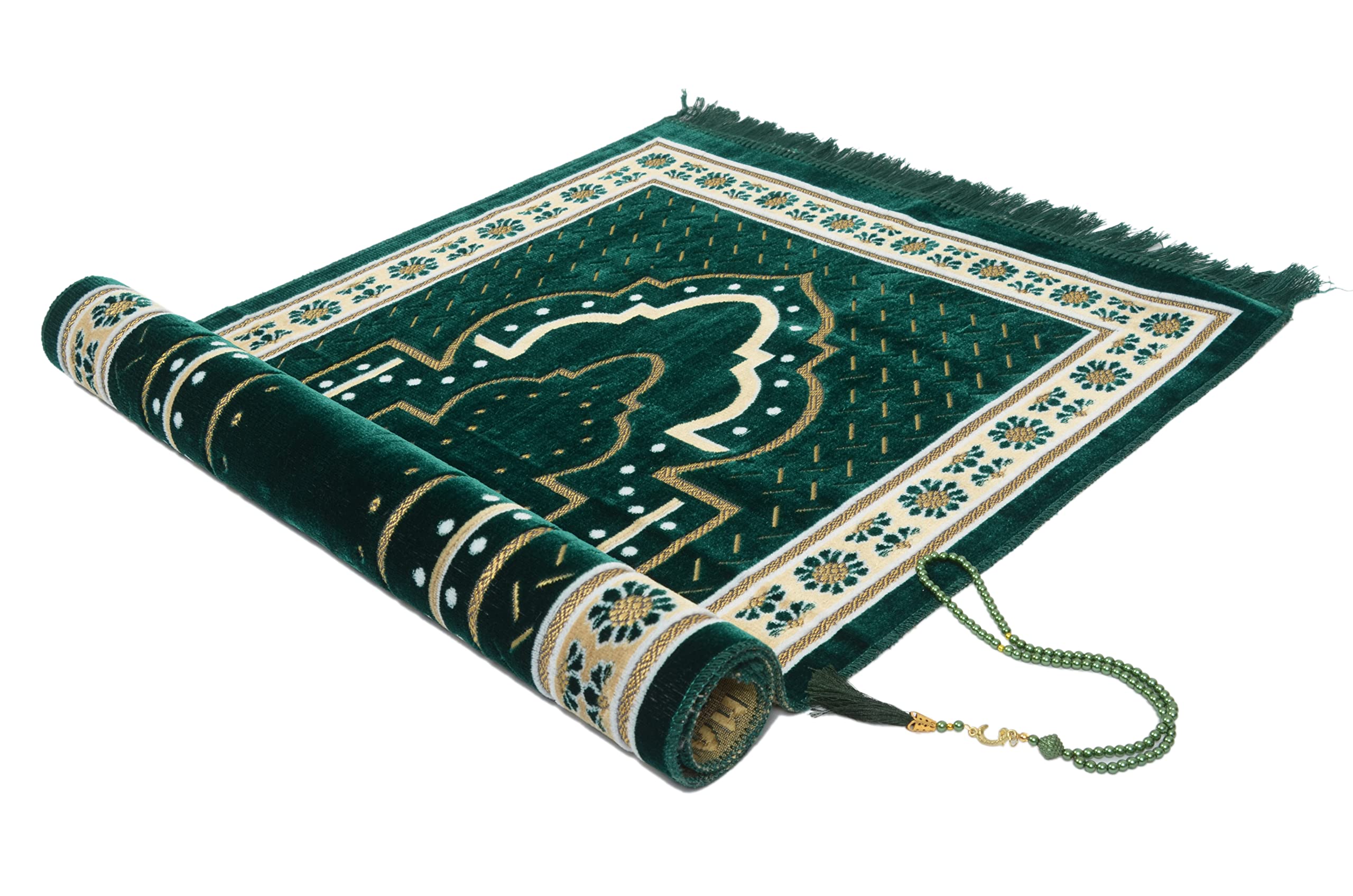 TB Islamic Prayer Rug Thick Soft Velvet Muslim Mat Unique Arabic Turkish African Embroidered Design Prayer Bead Daily Salah Prayer Meditation Ramadan Eid Gift for Women Men Kids (Green)