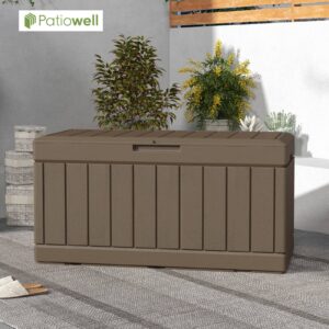 Patiowell 82 Gallon Resin Deck Box, Waterproof Large Wood Look Storage Box for Patio Furniture, Pool Accessories, Garden Tools and Sports Equipment, Lockable, Brown