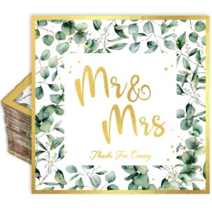 anydesign 100 pack wedding napkins 6.5 inch greenery foil gold mr & mrs luncheon napkins eucalyptus leaves disposable decorative dinner paper napkins for bridal shower engagement wedding party