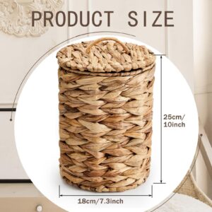 Ctosree 2 Pcs Wicker Trash Can Basket Woven Waste Basket with Lid Bathroom Wastebasket Garbage Bin with 100 Pieces of Trash Bags for Bedroom Farmhouse Home Office Kitchen(Brown, Small)