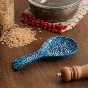 BCS Spoon Rest Set of 2 - Ceramic Spoon Holder for Stovetop & Kitchen Counter - Dishwasher Safe Handmade Kitchen Utensil (Turquoise 4.5" W x 9" L)