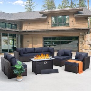 WAROOM Outdoor Patio Furniture Set 11 Piece Dark Brown Rattan Sectional Sofa PE Wicker Conversation Chairs with 45" Propane Fire Pit Table and Non-Slip 5" Thick Navy Blue Cushion