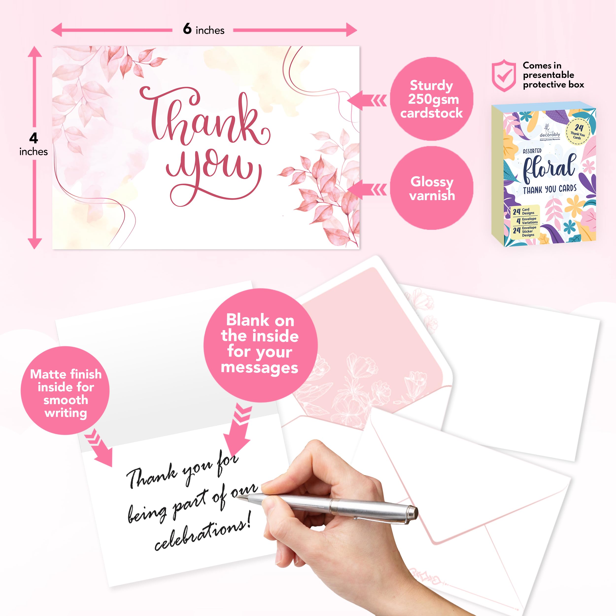 Decorably 24 Pack Assorted Thank You Cards with Envelopes & Stickers, 24 Unique Designs Blank Inside Variety Thank You Cards with Envelopes, 6x4in box of Thank You Cards Assorted