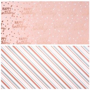 LeZakaa Reversible Birthday Wrapping Paper Roll - Happy Birthday Lettering & Stripe Design with Metallic Foil in Pink - 17 inches x 32.8 Feet (46.45 sq.ft.)