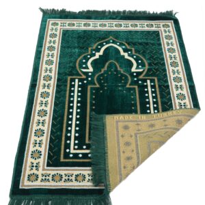 TB Islamic Prayer Rug Thick Soft Velvet Muslim Mat Unique Arabic Turkish African Embroidered Design Prayer Bead Daily Salah Prayer Meditation Ramadan Eid Gift for Women Men Kids (Green)