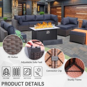 WAROOM Outdoor Patio Furniture Set 11 Piece Dark Brown Rattan Sectional Sofa PE Wicker Conversation Chairs with 45" Propane Fire Pit Table and Non-Slip 5" Thick Navy Blue Cushion