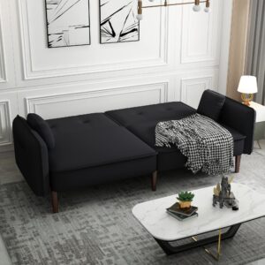 Sofa Bed, HABITTRIO 75" Modern Black Fabric Upholstered 3-Seater Sleeper Couch with Adjustable Splict-Back Design, 2 Side Pockets, 2 Toss Pillows, Fit for Small Living Room, Apartment