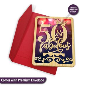 50th Birthday Cards For Women - | Made From Real Bamboo | 6" X 4.5" - 1 Pack (Envelope Included) | Laser Cut, Party Themed 50th Birthday Card for Wife, Mom, Aunt, Sister, Friend, her etc.