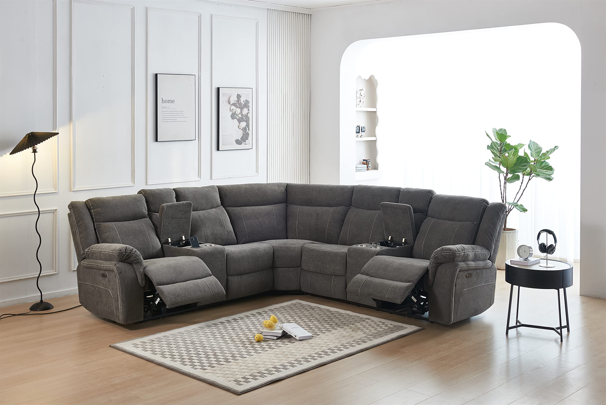 Elountik Modern Fabric Upholstered Power Reclining Sectional Couch with 2 Power Recliners, 2 Storage Consoles, 4 Cup Holders, USB Charging Ports, Gray Frabic