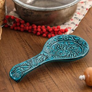 BCS Spoon Rest Set of 2 - Ceramic Spoon Holder for Stovetop & Kitchen Counter - Dishwasher Safe Handmade Kitchen Utensil (Turquoise 4.5" W x 9" L)