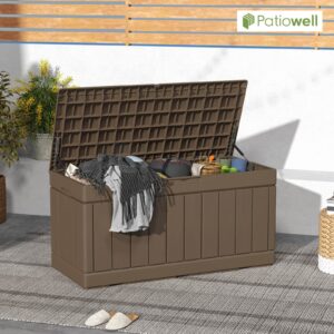 Patiowell 82 Gallon Resin Deck Box, Waterproof Large Wood Look Storage Box for Patio Furniture, Pool Accessories, Garden Tools and Sports Equipment, Lockable, Brown