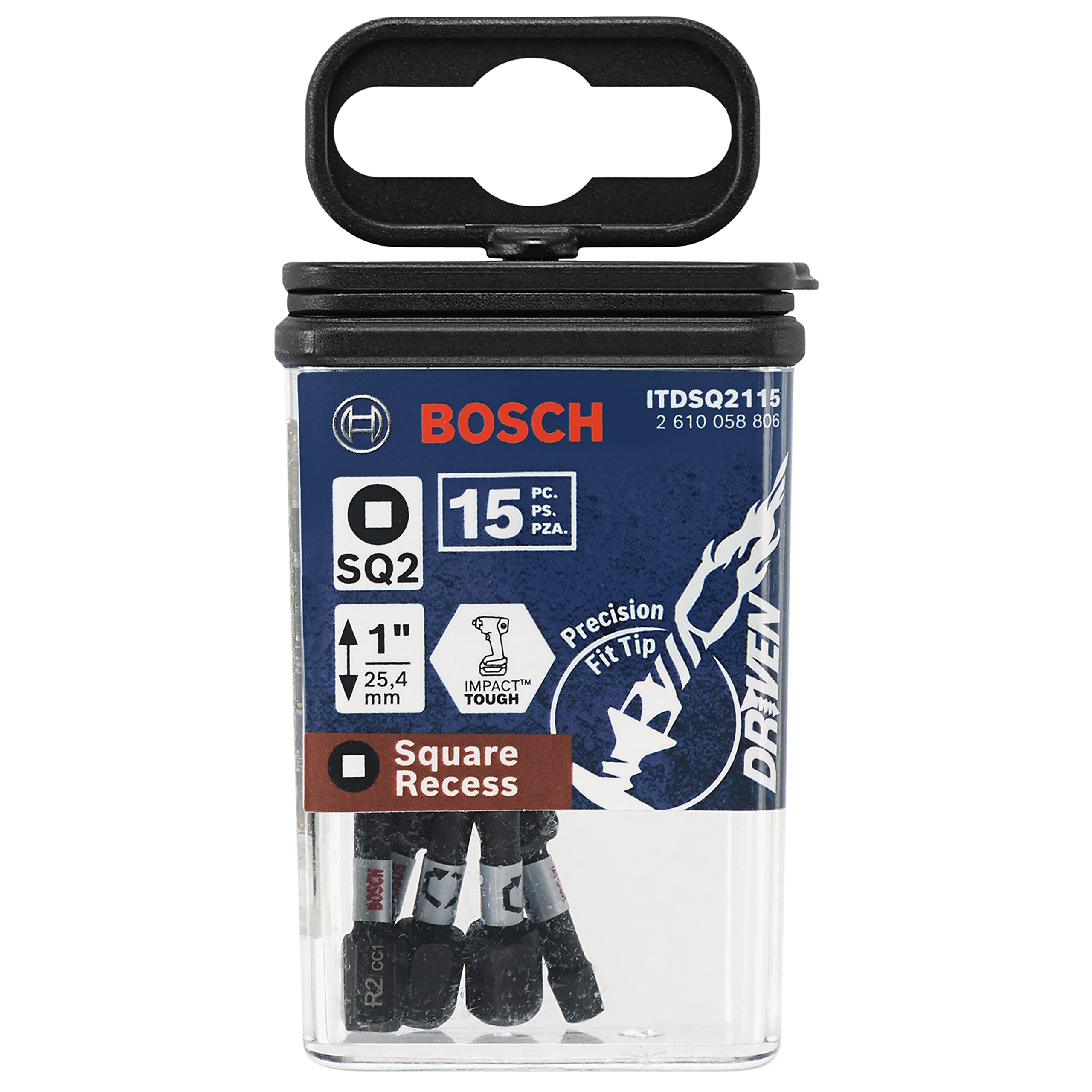 BOSCH ITDSQ2115 15 Count (Pack of 1) 1 in. Driven Square #2 Impact Tough Screwdriving Insert Bits