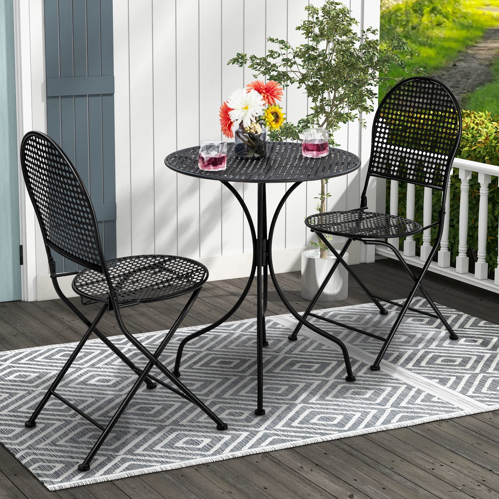 Tangkula 3 Pieces Patio Bistro Set, Metal Table and Folding Chair Set for 2, Outdoor Garden Furniture Set with Round Table & 2 Folding Chairs, Indoor Outdoor Bistro Set for Garden, Yard, Porch