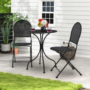 Tangkula 3 Pieces Patio Bistro Set, Metal Table and Folding Chair Set for 2, Outdoor Garden Furniture Set with Round Table & 2 Folding Chairs, Indoor Outdoor Bistro Set for Garden, Yard, Porch