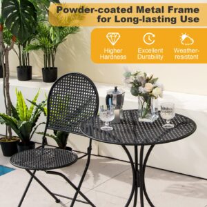 Tangkula 3 Pieces Patio Bistro Set, Metal Table and Folding Chair Set for 2, Outdoor Garden Furniture Set with Round Table & 2 Folding Chairs, Indoor Outdoor Bistro Set for Garden, Yard, Porch