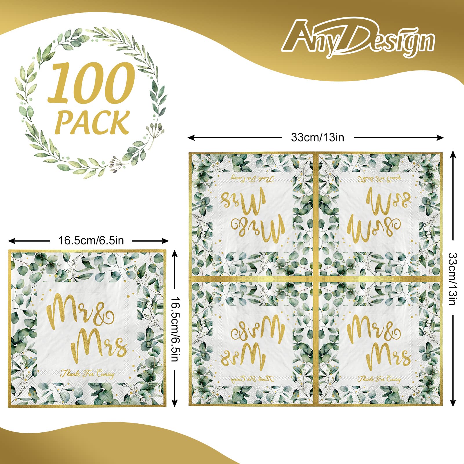 AnyDesign 100 Pack Wedding Napkins 6.5 Inch Greenery Foil Gold Mr & Mrs Luncheon Napkins Eucalyptus Leaves Disposable Decorative Dinner Paper Napkins for Bridal Shower Engagement Wedding Party