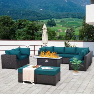 WAROOM Outdoor Patio Furniture Set 11 Piece Dark Brown Rattan Sectional Sofa PE Wicker Conversation Chairs with 45" Propane Fire Pit Table and Non-Slip 5" Thick Peacock Blue Cushion