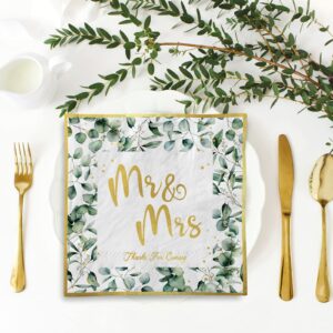 AnyDesign 100 Pack Wedding Napkins 6.5 Inch Greenery Foil Gold Mr & Mrs Luncheon Napkins Eucalyptus Leaves Disposable Decorative Dinner Paper Napkins for Bridal Shower Engagement Wedding Party