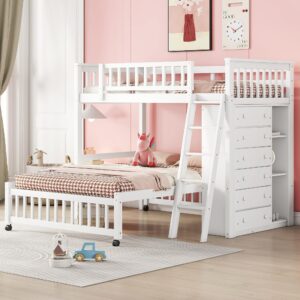 harper & bright designs twin over full bunk beds with six drawers and flexible shelves,wooden bunk beds with storage and removable bottom bed for kids girls boys,no box spring needed (white)