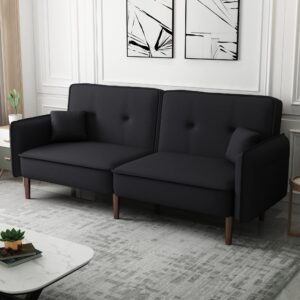 Sofa Bed, HABITTRIO 75" Modern Black Fabric Upholstered 3-Seater Sleeper Couch with Adjustable Splict-Back Design, 2 Side Pockets, 2 Toss Pillows, Fit for Small Living Room, Apartment