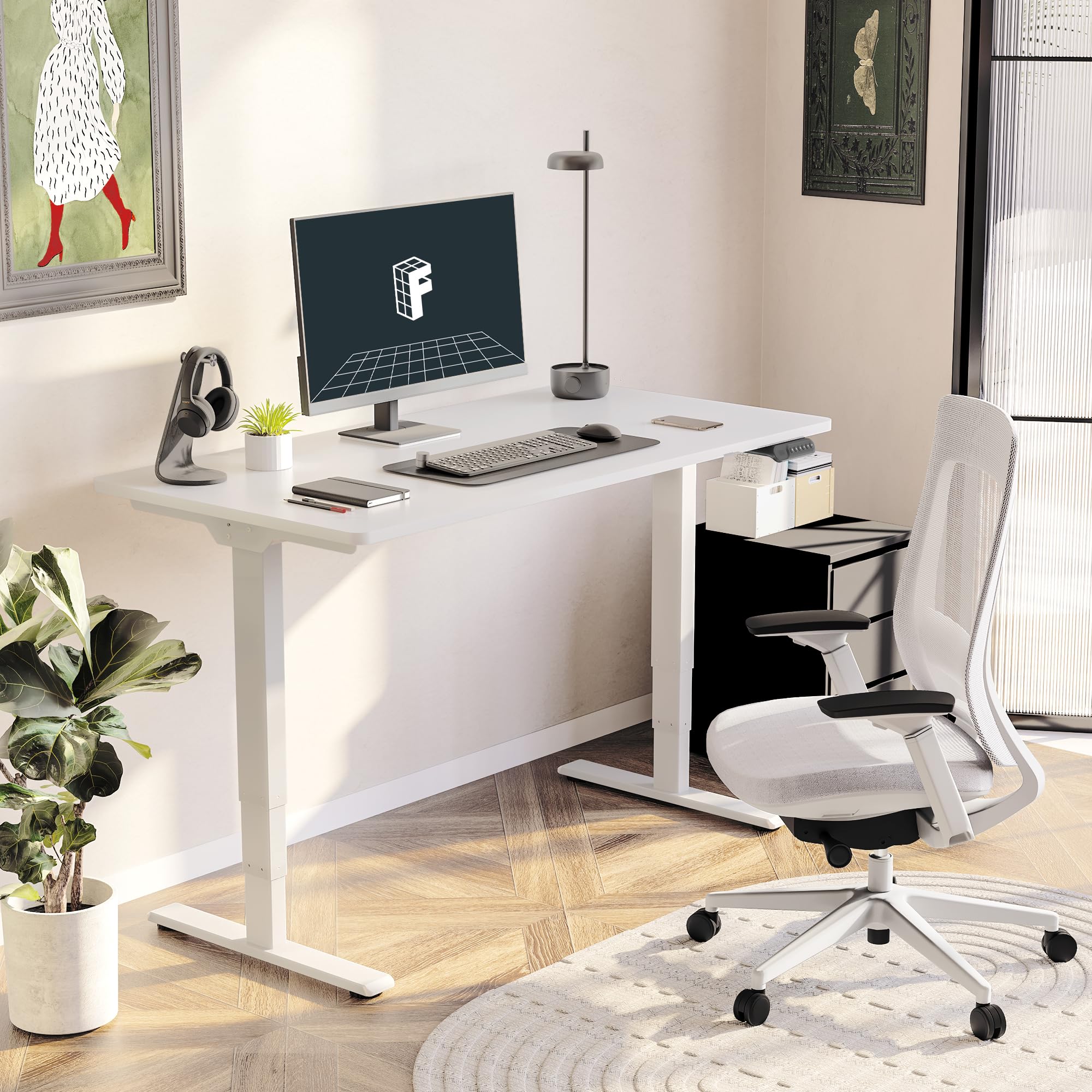 SANODESK Standing Desk with Dual Motor, 3-Stage Lifting Column, Handset with 3 Preset and Sit-Stand Reminder - 60 inch Whole Piece White Desk/White Frame, Height Adjustable Desk for Home and Office