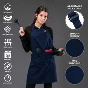 Professional Grade Premium Chef Kitchen Aprons for Cooking with Three Pockets, Water and Stain-Resistant, Machine Washable, Cute Cooking Aprons for Women and Men (Plain, Navy Blue)