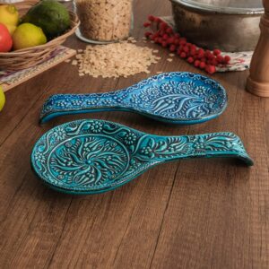 BCS Spoon Rest Set of 2 - Ceramic Spoon Holder for Stovetop & Kitchen Counter - Dishwasher Safe Handmade Kitchen Utensil (Turquoise 4.5" W x 9" L)