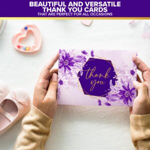 Decorably Thank You Cards with Envelopes & Stickers, Gold-Foiled Cards, 24 Pack Purple Thank You Cards with Envelopes Purple, Blank Inside Thank You Cards Purple, 6x4in Purple and Gold Thank You Cards