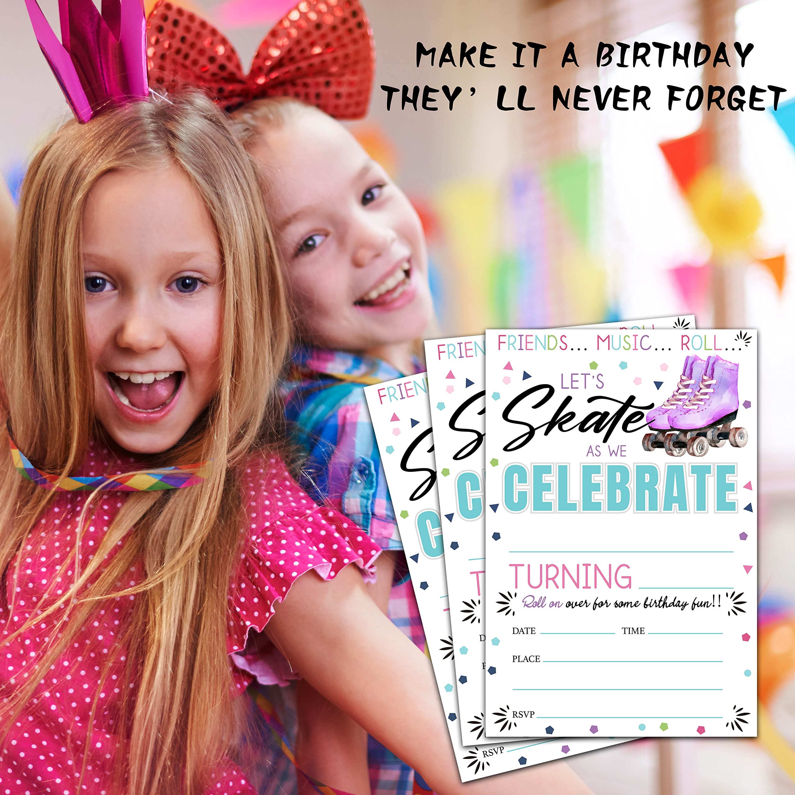 ISOVF 4" x 6" Roller Skating Birthday Party Invitation Cards With Envelopes (20 Sets) - Fill-in Style Skate Party Invites- C40