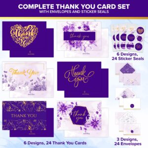 Decorably Thank You Cards with Envelopes & Stickers, Gold-Foiled Cards, 24 Pack Purple Thank You Cards with Envelopes Purple, Blank Inside Thank You Cards Purple, 6x4in Purple and Gold Thank You Cards