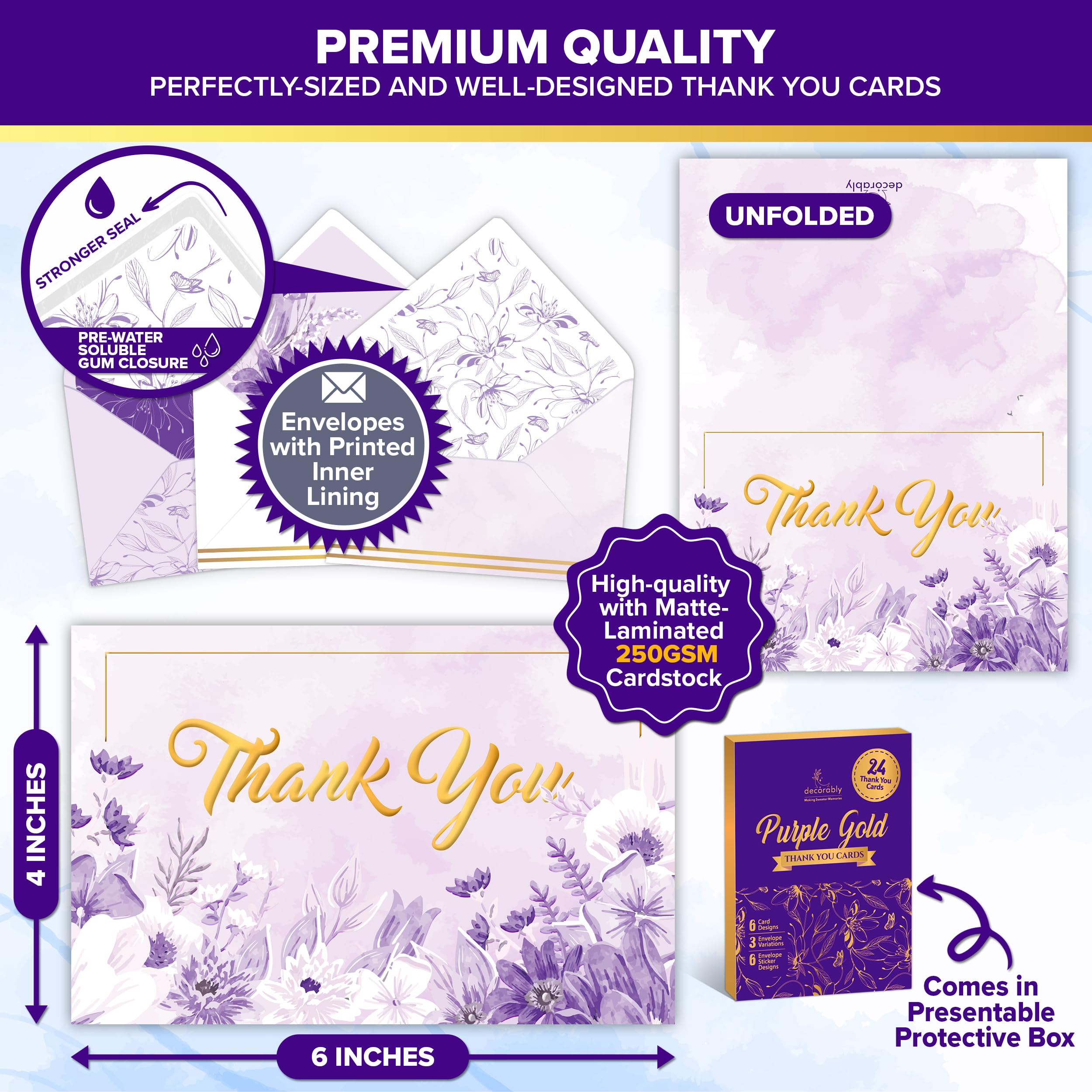 Decorably Thank You Cards with Envelopes & Stickers, Gold-Foiled Cards, 24 Pack Purple Thank You Cards with Envelopes Purple, Blank Inside Thank You Cards Purple, 6x4in Purple and Gold Thank You Cards