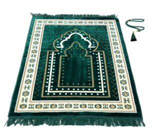 tb islamic prayer rug thick soft velvet muslim mat unique arabic turkish african embroidered design prayer bead daily salah prayer meditation ramadan eid gift for women men kids (green)