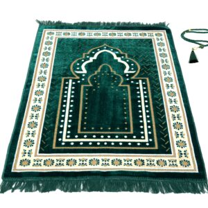 TB Islamic Prayer Rug Thick Soft Velvet Muslim Mat Unique Arabic Turkish African Embroidered Design Prayer Bead Daily Salah Prayer Meditation Ramadan Eid Gift for Women Men Kids (Green)