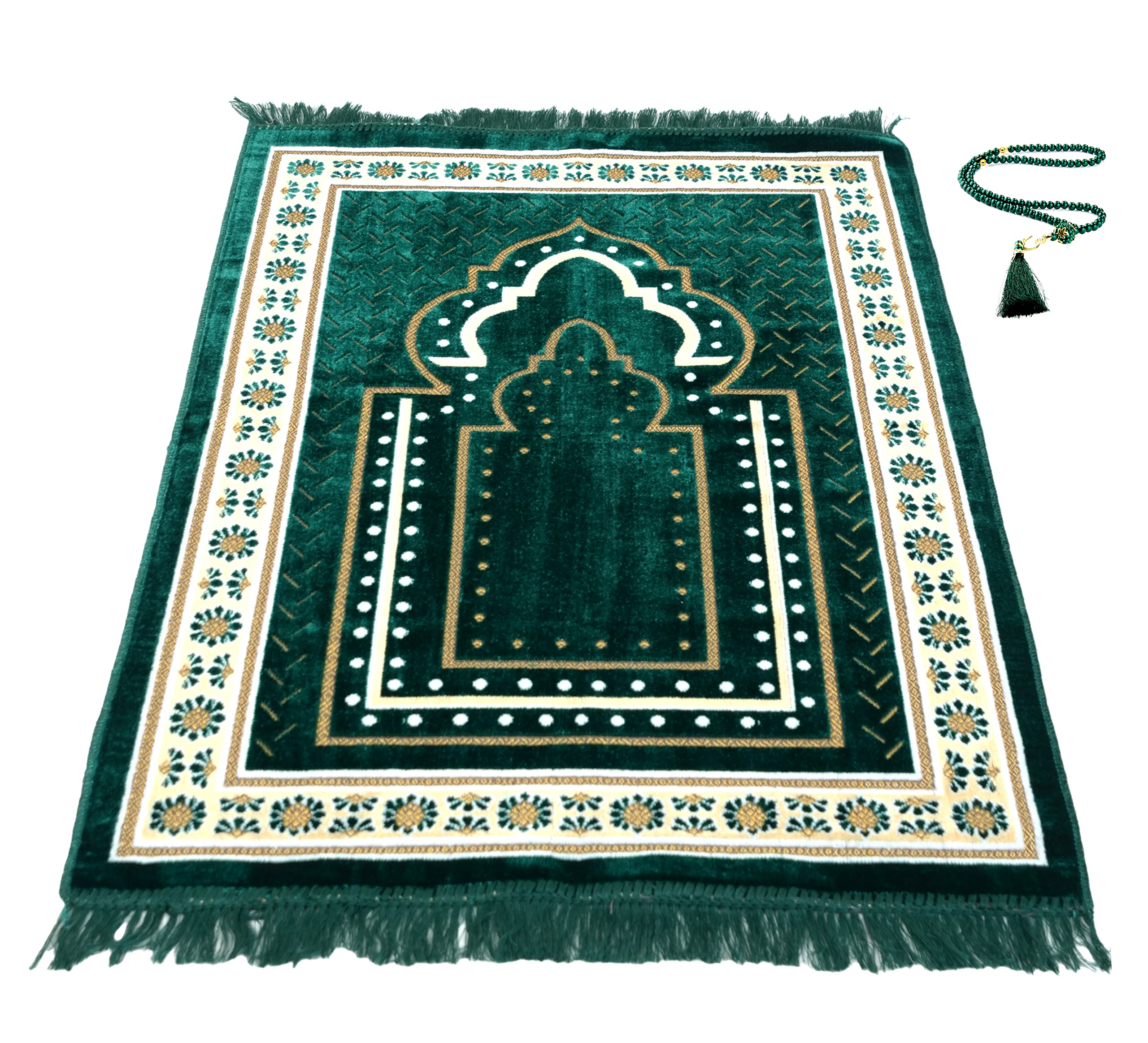 TB Islamic Prayer Rug Thick Soft Velvet Muslim Mat Unique Arabic Turkish African Embroidered Design Prayer Bead Daily Salah Prayer Meditation Ramadan Eid Gift for Women Men Kids (Green)