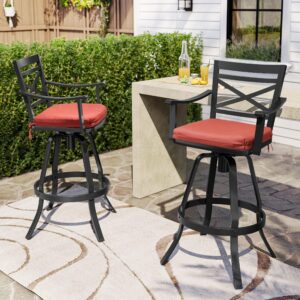 pellebant swivel outdoor bar stools set of 2, patio bar height chairs with sunbrella cushion and cast aluminum frame, outdoor furniture w/armrest & high back for deck lawn garden, red