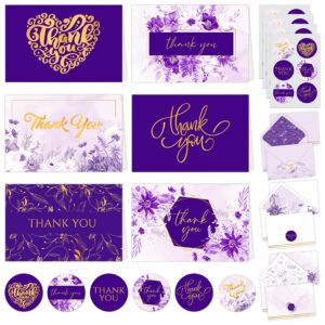 decorably thank you cards with envelopes & stickers, gold-foiled cards, 24 pack purple thank you cards with envelopes purple, blank inside thank you cards purple, 6x4in purple and gold thank you cards