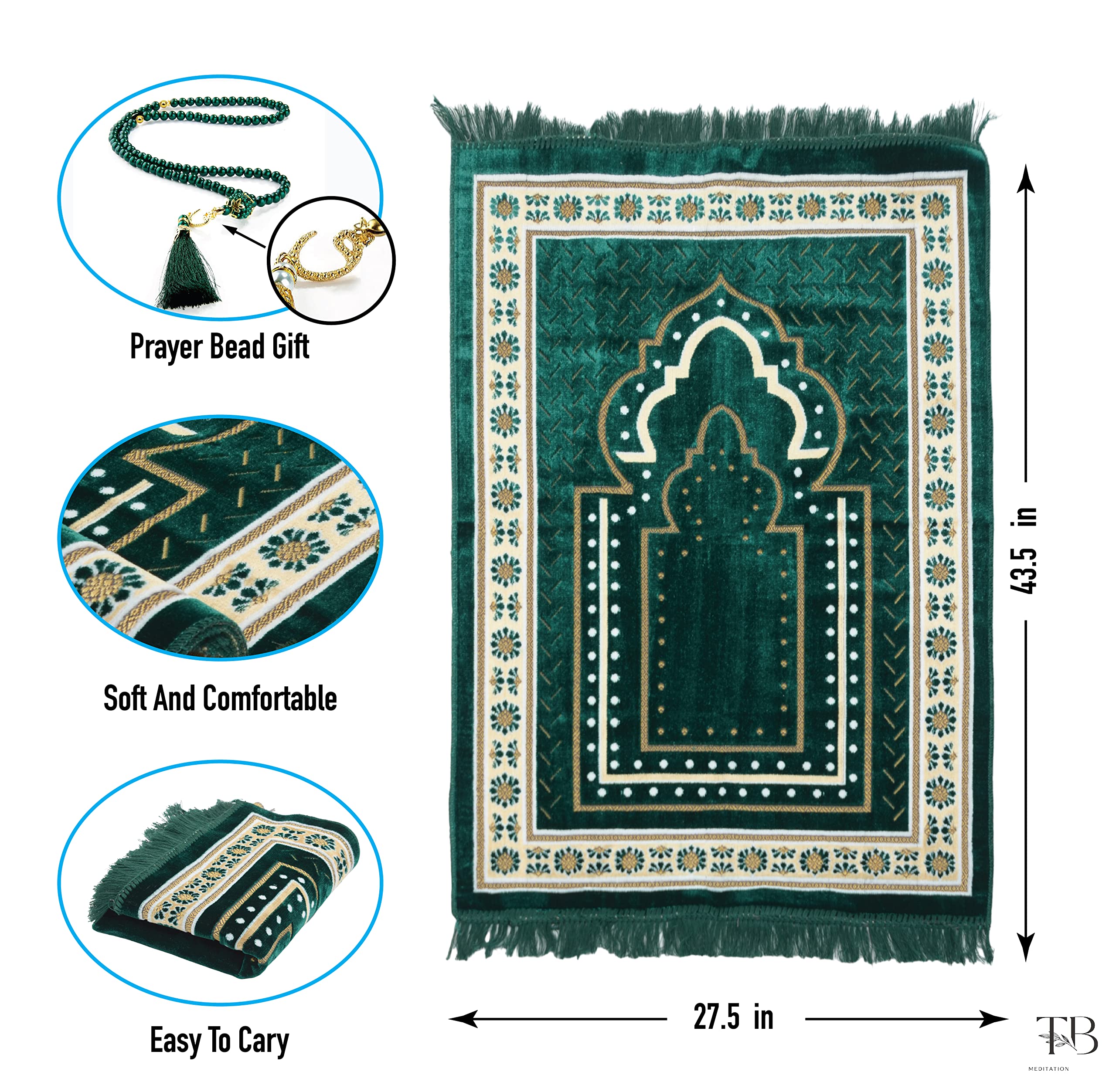 TB Islamic Prayer Rug Thick Soft Velvet Muslim Mat Unique Arabic Turkish African Embroidered Design Prayer Bead Daily Salah Prayer Meditation Ramadan Eid Gift for Women Men Kids (Green)