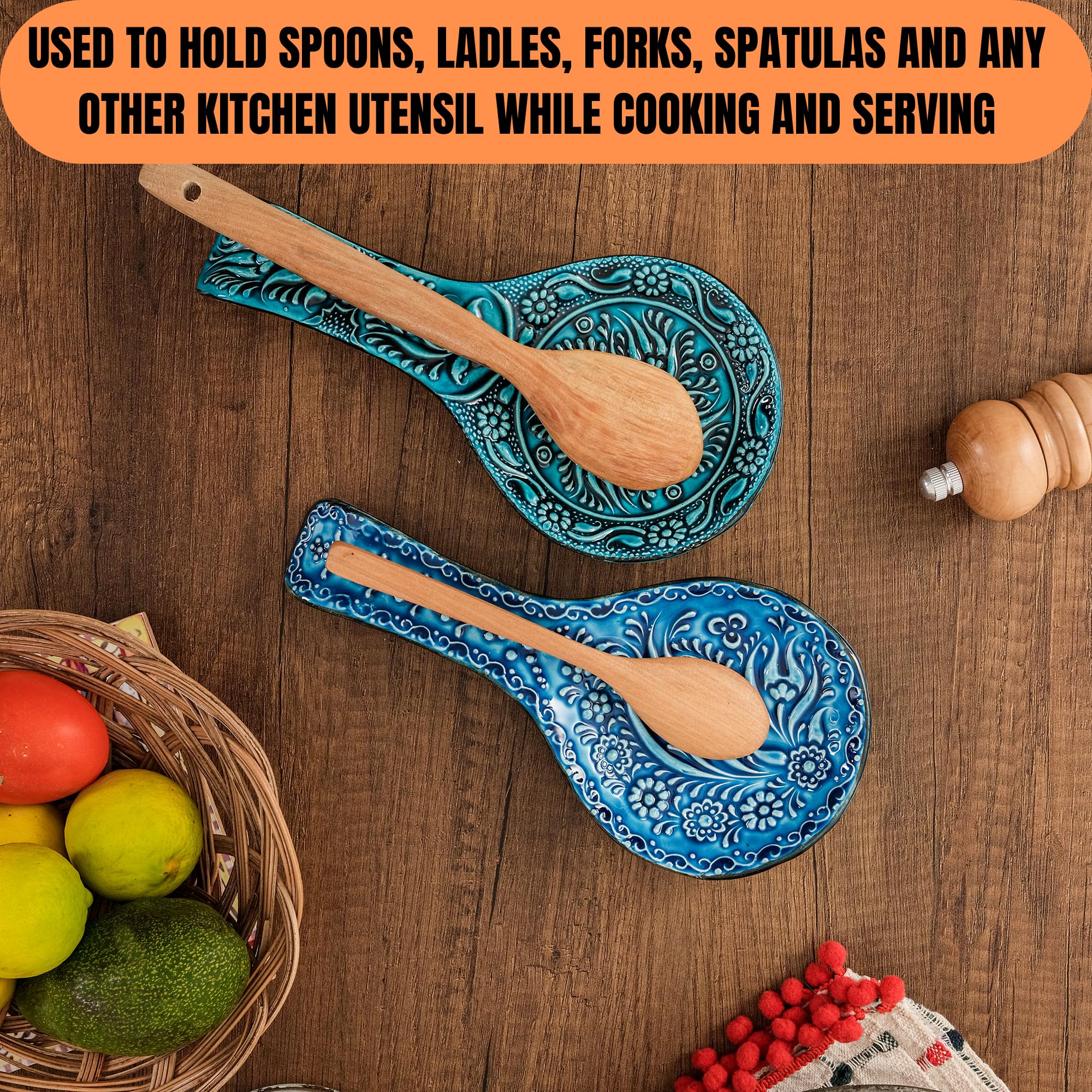 BCS Spoon Rest Set of 2 - Ceramic Spoon Holder for Stovetop & Kitchen Counter - Dishwasher Safe Handmade Kitchen Utensil (Turquoise 4.5" W x 9" L)