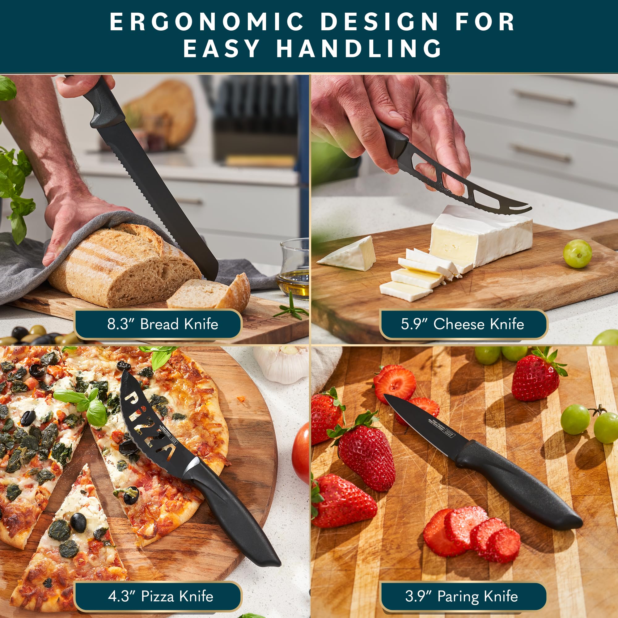 Home Hero Kitchen Knife Set with Sharpener - High Carbon Stainless Steel Knife Block Set with Ergonomic Handles (20 Pcs - Black)