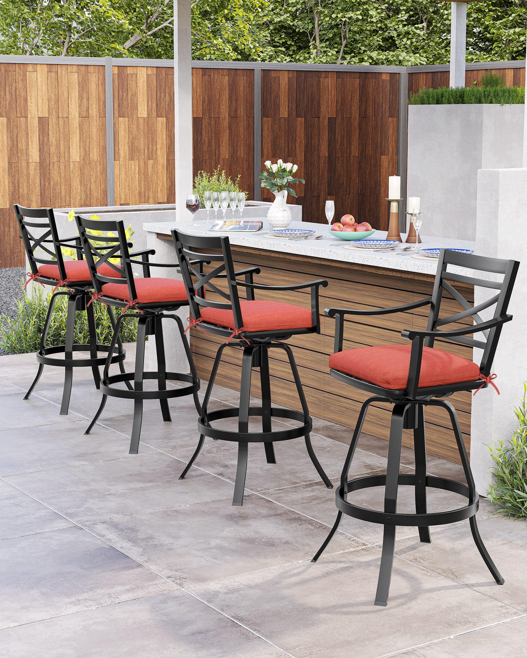 Pellebant Swivel Outdoor Bar Stools Set of 2, Patio Bar Height Chairs with Sunbrella Cushion and Cast Aluminum Frame, Outdoor Furniture w/Armrest & High Back for Deck Lawn Garden, Red