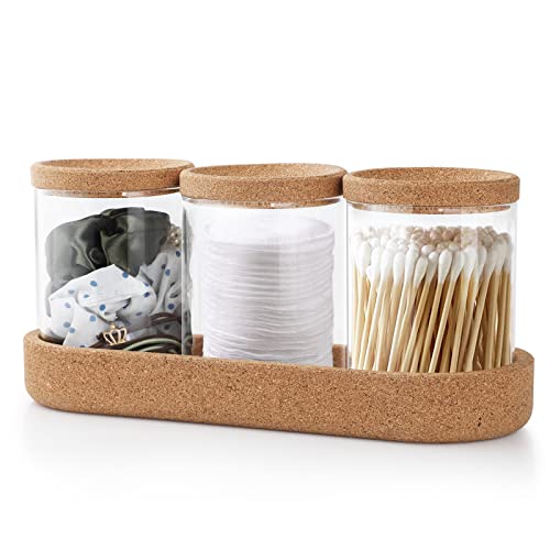 Anhow 12 OZ Glass Qtip Holders, 3 Pack Apothecary Jars Cotton Ball/Swabs Dispenser with Vanity Tray for Bathroom Canister Storage, Clear Bathroom Set Guest Room Essentials with Dust Cover