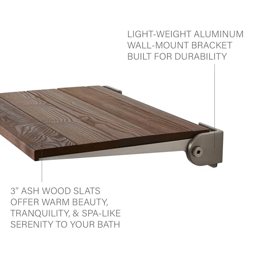 Seachrome 18 inch Silhouette Slimline Folding Wall Mount Shower Bench Seat, Natural Ash Wood Thermacor Seat with Silver Frame