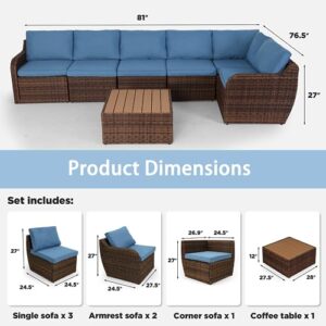 Vicluke 7 Pieces Patio Furniture Set, PE Rattan Sectional Sofa, High Back Outdoor Furniture Set, Wicker Patio Conversation Set with Cushion and Wood Table for Deck, Garden and Backyard (Blue)