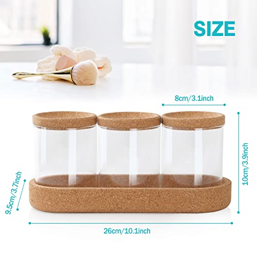 Anhow 12 OZ Glass Qtip Holders, 3 Pack Apothecary Jars Cotton Ball/Swabs Dispenser with Vanity Tray for Bathroom Canister Storage, Clear Bathroom Set Guest Room Essentials with Dust Cover