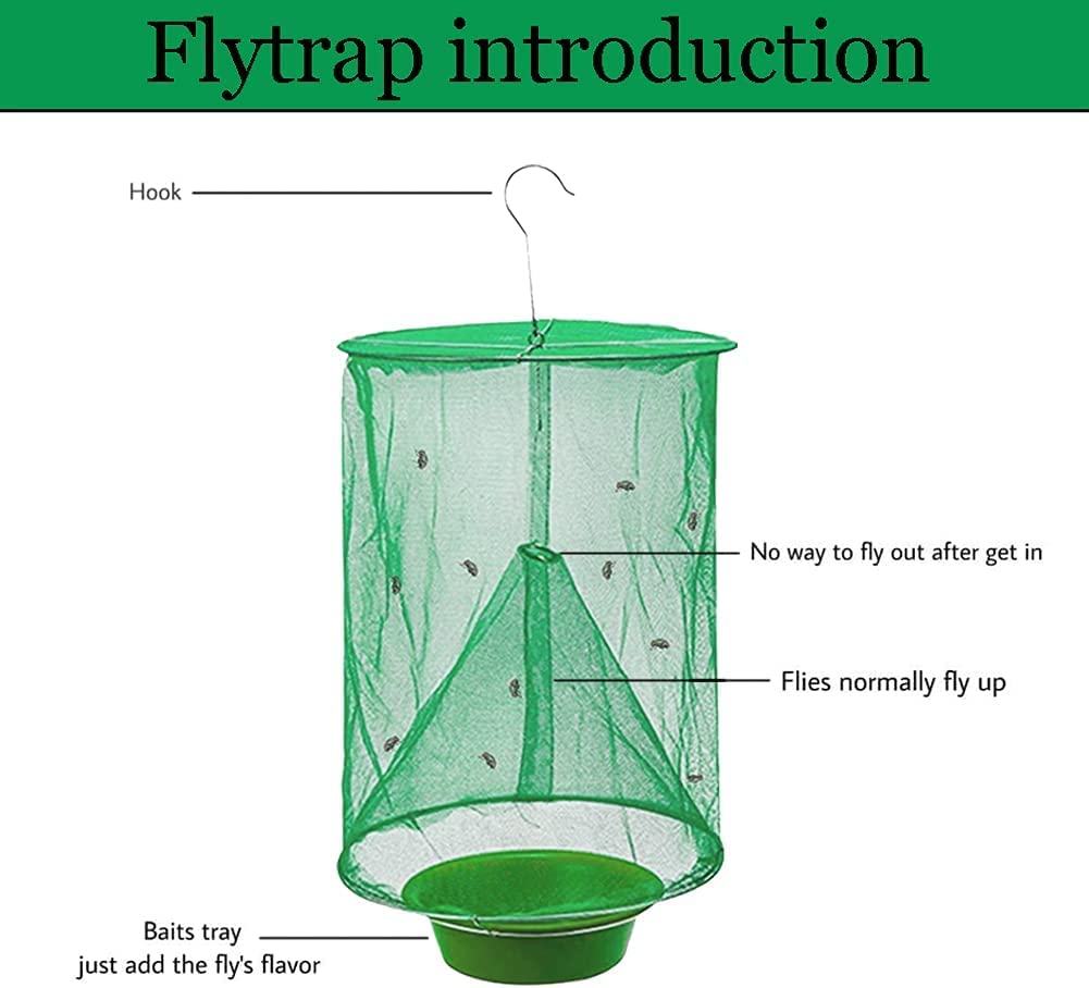 Ranch Fly Trap Outdoor Hanging Reusable with Fishing Apparatus | Food Bait Tray Catcher Cage for Indoor or Outdoor Family Farms, Park (6 Pack)