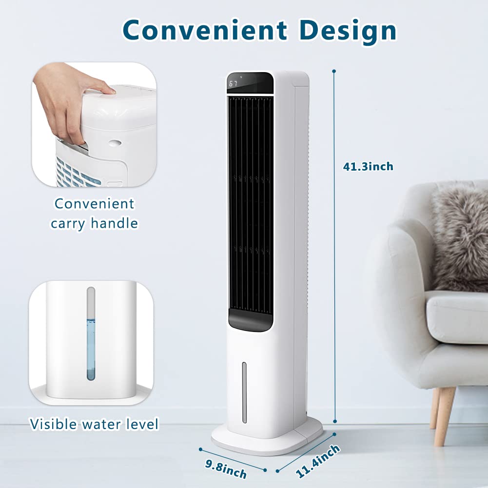 2-In-1 Evaporative Air Cooler - 41” Quiet Cooling Tower Fan Humidifier Portable Swamp Cooler with Bladeless Design, 60° Oscillation, Remote Control, 3 Modes and 3 Wind Speeds, 12H Timer, 4 Ice Boxes