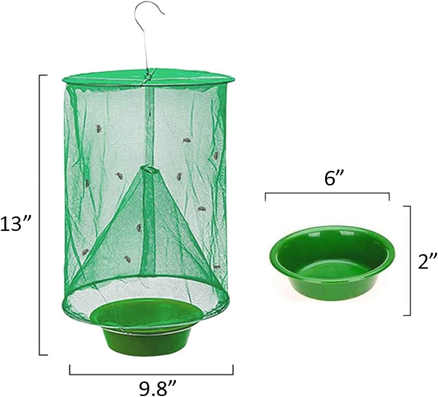 Ranch Fly Trap Outdoor Hanging Reusable with Fishing Apparatus | Food Bait Tray Catcher Cage for Indoor or Outdoor Family Farms, Park (6 Pack)