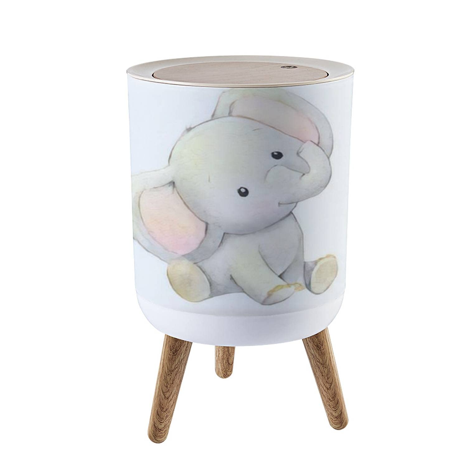 LOPYEIJFG Trash Can with Lid Kitchen Bathroom Bedroom 1.8 Gallon Press Cover Cute Baby Elephant a Cartoon Style Watercolor Animal an Isolated for Wood Small Garbage Bin Wastebasket Office Waste Bin